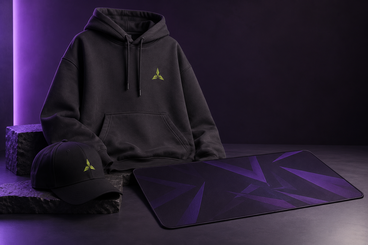 Concept gaming creator hoodie, cap and desk mat