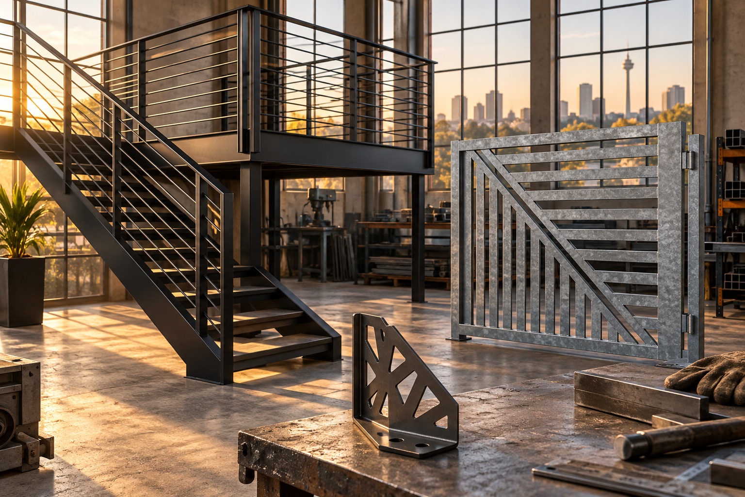Concept steel staircase, gate and custom bracket in a workshop